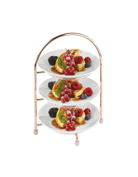 Alzata porta piatti in acciaio cromato color rame – capacità 3 piatti diametro max cm 17 – dim. tot. cm 18,5×16×26h