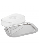 Vassoio rettangolare in acciaio inox con coperchio trasparente in polistirene - cm 42x31x8,5h