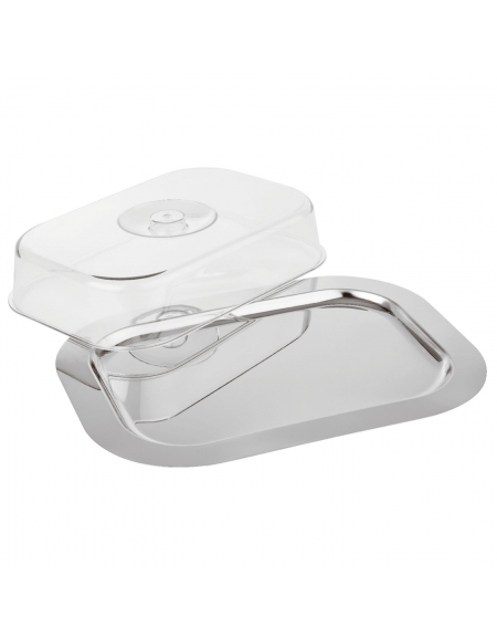 Vassoio rettangolare in acciaio inox con coperchio trasparente in polistirene - cm 42x31x8,5h