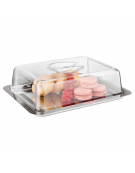 Vassoio rettangolare in acciaio inox con coperchio trasparente in polistirene - cm 25x19x7h