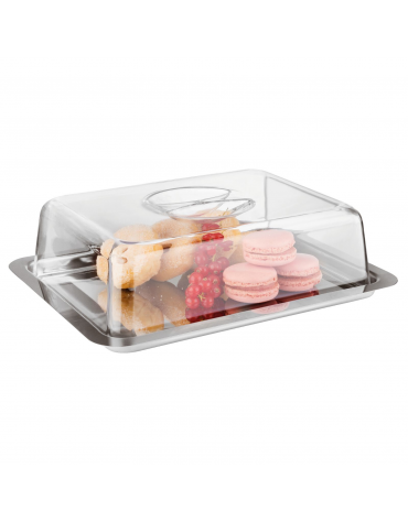 Vassoio rettangolare in acciaio inox con coperchio trasparente in polistirene - cm 25x19x7h