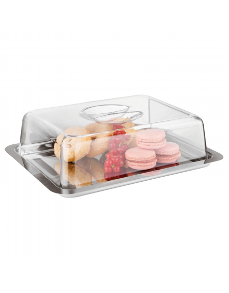 Vassoio rettangolare in acciaio inox con coperchio trasparente in polistirene - cm 25x19x7h
