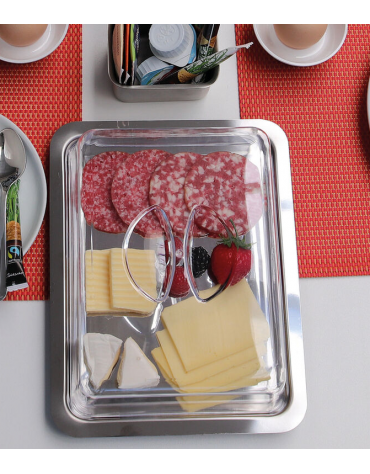 Vassoio rettangolare in acciaio inox con coperchio trasparente in polistirene - cm 25x19x7h