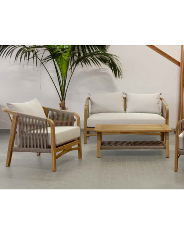 Set per esterno, struttura in teak, cuscini e cordatura idrorepellenti