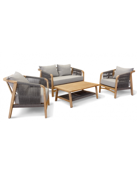 Set per esterno, struttura in teak, cuscini e cordatura idrorepellenti