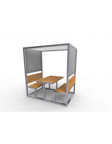 Set in acciaio zincato e verniciato, pareti in lamiera forata, tetto in policarbonato alveolare, seduta in legno di pregio