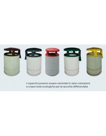 Cestino portarifiuti di forma cilindrica in graniglia di marmo con coperchio in acciaio, capacità 136 Lt, con posacenere