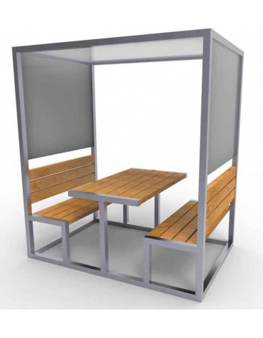 Set in acciaio zincato e verniciato, pareti in lamiera forata, tetto in policarbonato alveolare, seduta in legno di pino