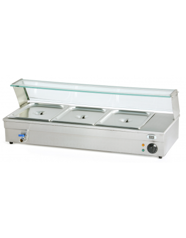 Espositore bagnomaria in acciaio inox con rubinetto - temperatura digitale max 90°C - 3xGN1/3 (incluse)  - mm 685x365x330h