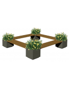 Panchina angolare con 4 fioriere da cm 60x60 e 4 sedute da cm 120 in legno di pregio, struttura acciaio zincato e verniciato
