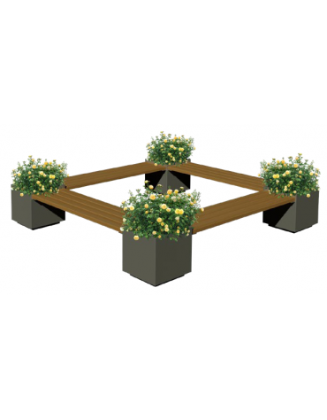 Panchina angolare con 4 fioriere da cm 60x60 e 4 sedute da cm 120 in legno di pregio, struttura acciaio zincato e verniciato