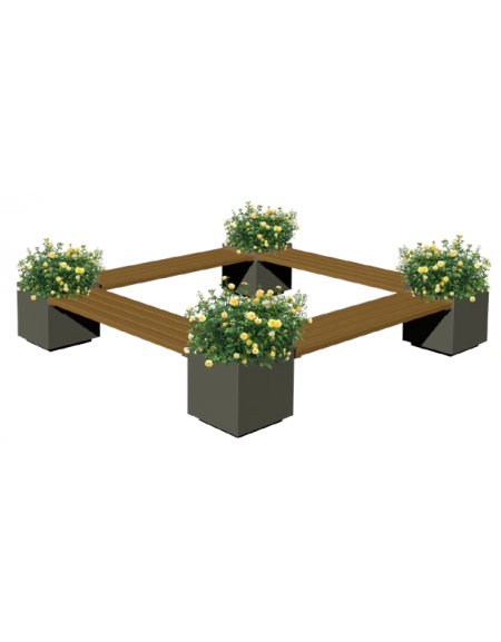 Panchina angolare con 4 fioriere da cm 60x60 e 4 sedute da cm 120 in legno di pregio, struttura acciaio zincato e verniciato