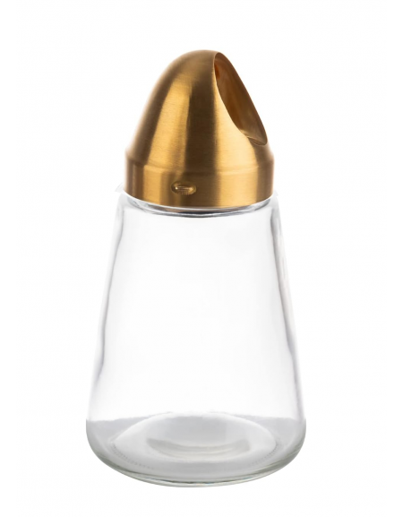 Dispenser dosatore snack in vetro trasparente con tappo in acciaio inox, colore oro - diametro cm 8,5 - altezza cm 15,5 