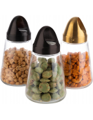 Dispenser dosatore snack in vetro trasparente con tappo in acciaio inox, colore nero - diametro cm 8,5 - altezza cm 15,5