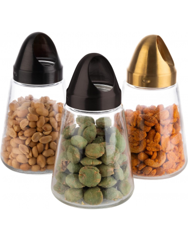 Dispenser dosatore snack in vetro trasparente con tappo in acciaio inox, colore nero - diametro cm 8,5 - altezza cm 15,5