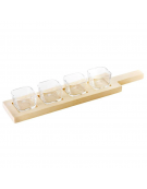 Set 4 ciotole in vetro su vassoio in legno per aperitivo e degustazione - capacità ciotole ml 68 cad. - cm 42x9x1,8h