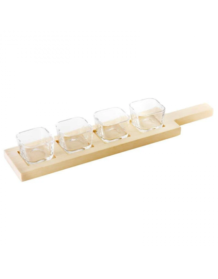 Set 4 ciotole in vetro su vassoio in legno per aperitivo e degustazione - capacità ciotole ml 68 cad. - cm 42x9x1,8h