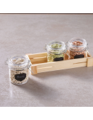 Set 3 vasetti in vetro su vassoio in legno per aperitivo e degustazione - capacità vasetti ml 200 cad. - cm 27,5x11x4h