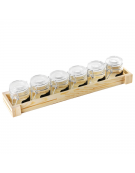 Set 6 vasetti in vetro su vassoio in legno per aperitivo e degustazione - capacità vasetti ml 100 cad. - cm 43x10x3h