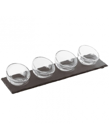 Set 4 ciotole in vetro su vassoio in ardesia per aperitivo e degustazione - capacità ciotole ml 43 cad. - cm 35x10