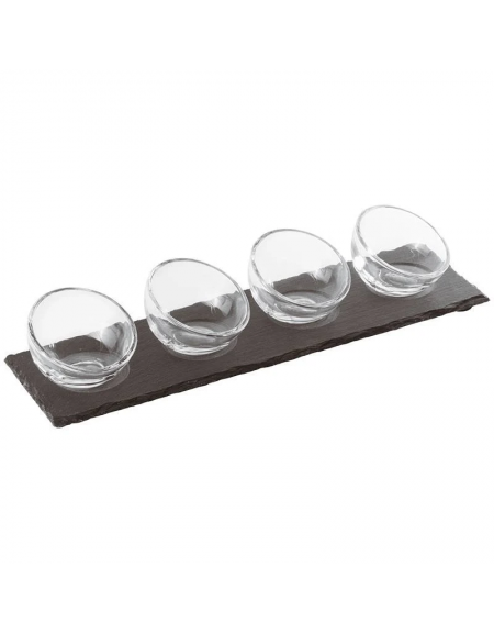 Set 4 ciotole in vetro su vassoio in ardesia per aperitivo e degustazione - capacità ciotole ml 43 cad. - cm 35x10