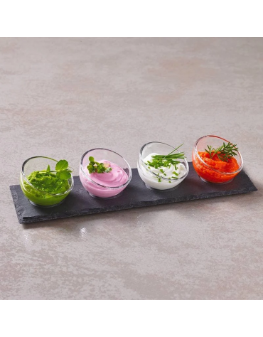 Set 4 ciotole in vetro su vassoio in ardesia per aperitivo e degustazione - capacità ciotole ml 43 cad. - cm 35x10