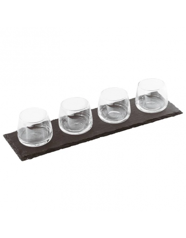 Set 4 ciotole in vetro su vassoio in ardesia per aperitivo e degustazione - capacità ciotole ml 110 cad. - cm 35x10
