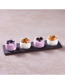 Set 4 ciotole in vetro su vassoio in ardesia per aperitivo e degustazione - capacità ciotole ml 110 cad. - cm 35x10