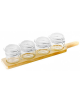 Set 4 vasetti in vetro su vassoio in legno per aperitivo e degustazione - capacità vasetti ml 176 cad. - cm 49x9,7x1,8h