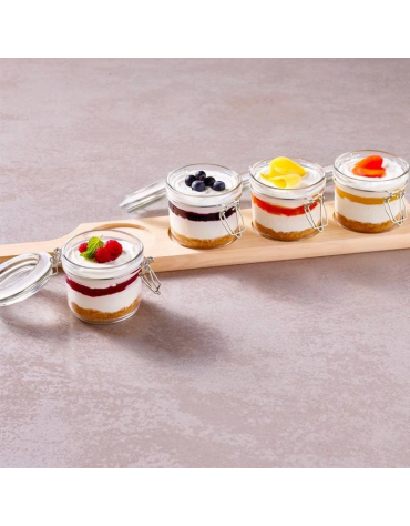 Set 4 vasetti in vetro su vassoio in legno per aperitivo e degustazione - capacità vasetti ml 176 cad. - cm 49x9,7x1,8h