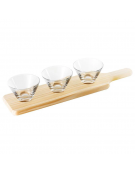 Set 3 ciotole in vetro su vassoio in legno per aperitivo e degustazione - capacità ciotole ml 147 cad. - cm 45x11x1,8h