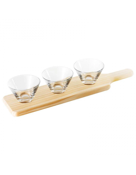Set 3 ciotole in vetro su vassoio in legno per aperitivo e degustazione - capacità ciotole ml 147 cad. - cm 45x11x1,8h