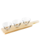 Set 3 ciotole in vetro su vassoio in legno per aperitivo e degustazione - capacità ciotole ml 147 cad. - cm 45x11x1,8h