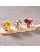 Set 3 ciotole in vetro su vassoio in legno per aperitivo e degustazione - capacità ciotole ml 147 cad. - cm 45x11x1,8h