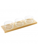 Set 3 ciotole in vetro su vassoio in legno per aperitivo e degustazione - capacità ciotole ml 147 cad. - cm 35x11x1,8h