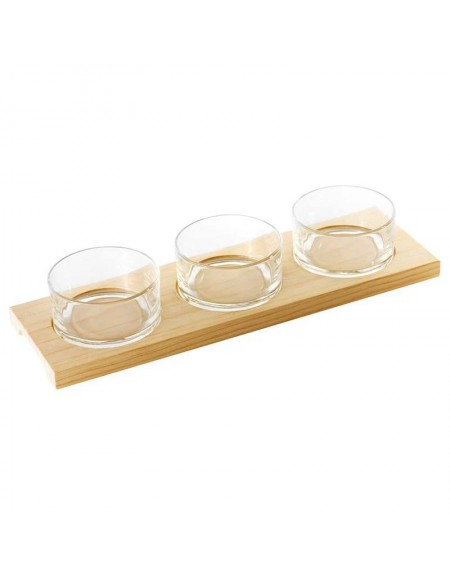 Set 3 ciotole in vetro su vassoio in legno per aperitivo e degustazione - capacità ciotole ml 147 cad. - cm 35x11x1,8h