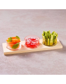 Set 3 ciotole in vetro su vassoio in legno per aperitivo e degustazione - capacità ciotole ml 147 cad. - cm 35x11x1,8h