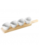 Set 4 ciotole in ceramica su vassoio in legno per aperitivo e degustazione - cm 45x9x1,8h
