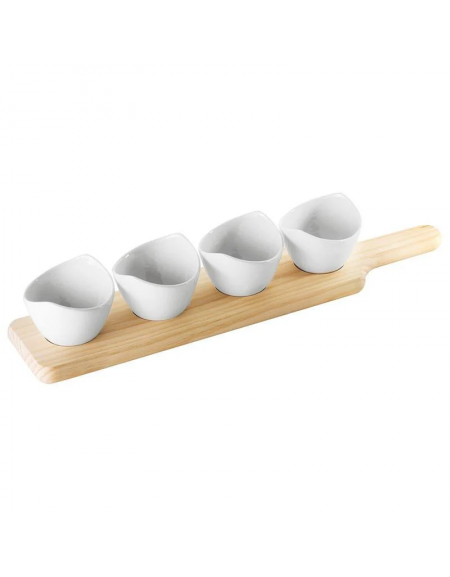 Set 4 ciotole in ceramica su vassoio in legno per aperitivo e degustazione - cm 45x9x1,8h