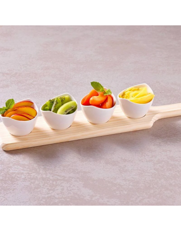 Set 4 ciotole in ceramica su vassoio in legno per aperitivo e degustazione - cm 45x9x1,8h