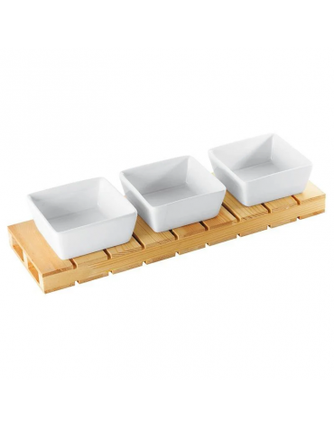 Set 3 ciotole in ceramica su vassoio in legno per aperitivo e degustazione - cm 35x11x2h