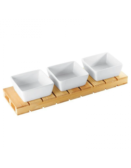 Set 3 ciotole in ceramica su vassoio in legno per aperitivo e degustazione - cm 35x11x2h