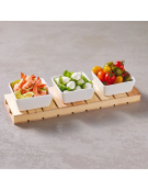 Set 3 ciotole in ceramica su vassoio in legno per aperitivo e degustazione - cm 35x11x2h