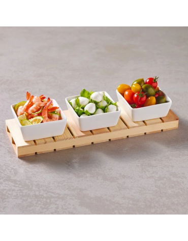 Set 3 ciotole in ceramica su vassoio in legno per aperitivo e degustazione - cm 35x11x2h