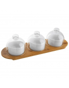Set 3 ciotole in ceramica con coperchio in vetro su vassoio in legno per aperitivo e degustazione - cm 38x12x1h