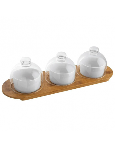Set 3 ciotole in ceramica con coperchio in vetro su vassoio in legno per aperitivo e degustazione - cm 38x12x1h