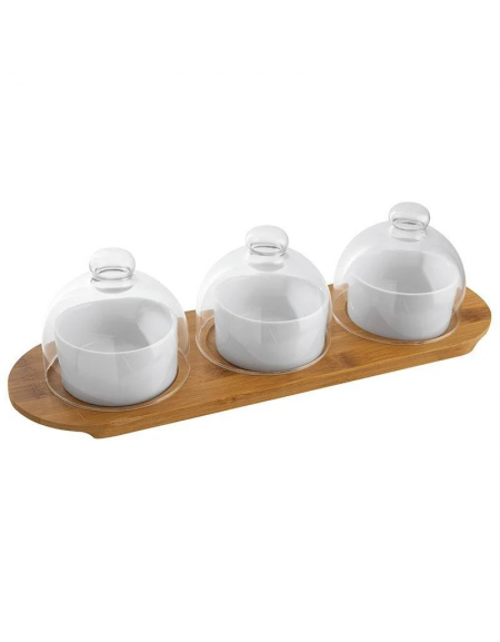 Set 3 ciotole in ceramica con coperchio in vetro su vassoio in legno per aperitivo e degustazione - cm 38x12x1h