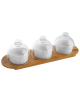 Set 3 ciotole in ceramica con coperchio in vetro su vassoio in legno per aperitivo e degustazione - cm 38x12x1h