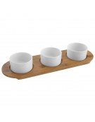Set 3 ciotole in ceramica con coperchio in vetro su vassoio in legno per aperitivo e degustazione - cm 38x12x1h