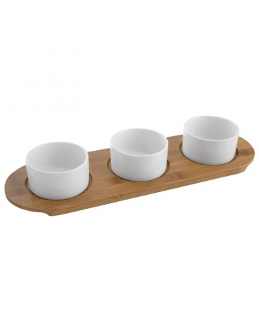 Set 3 ciotole in ceramica con coperchio in vetro su vassoio in legno per aperitivo e degustazione - cm 38x12x1h